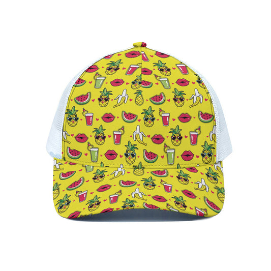 Cartoon Tropical Pattern Print White Mesh Trucker Cap