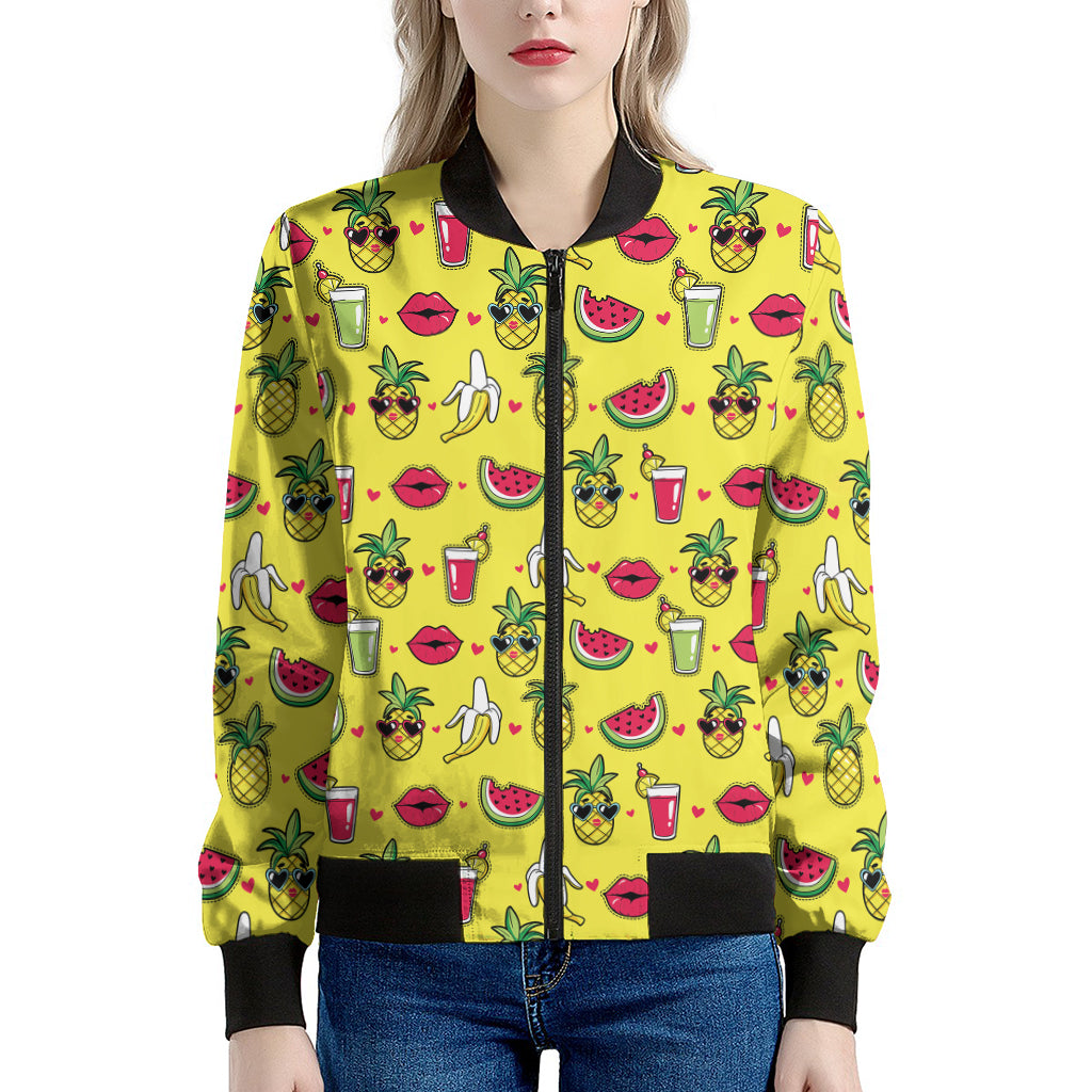 Cartoon Tropical Pattern Print Women's Bomber Jacket
