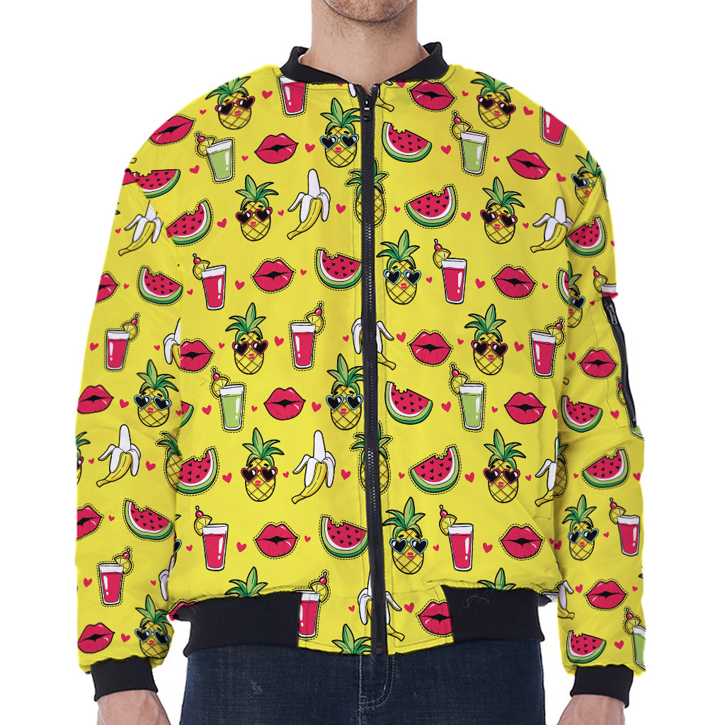 Cartoon Tropical Pattern Print Zip Sleeve Bomber Jacket