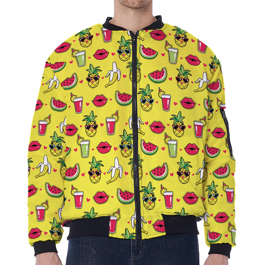 Cartoon Tropical Pattern Print Zip Sleeve Bomber Jacket