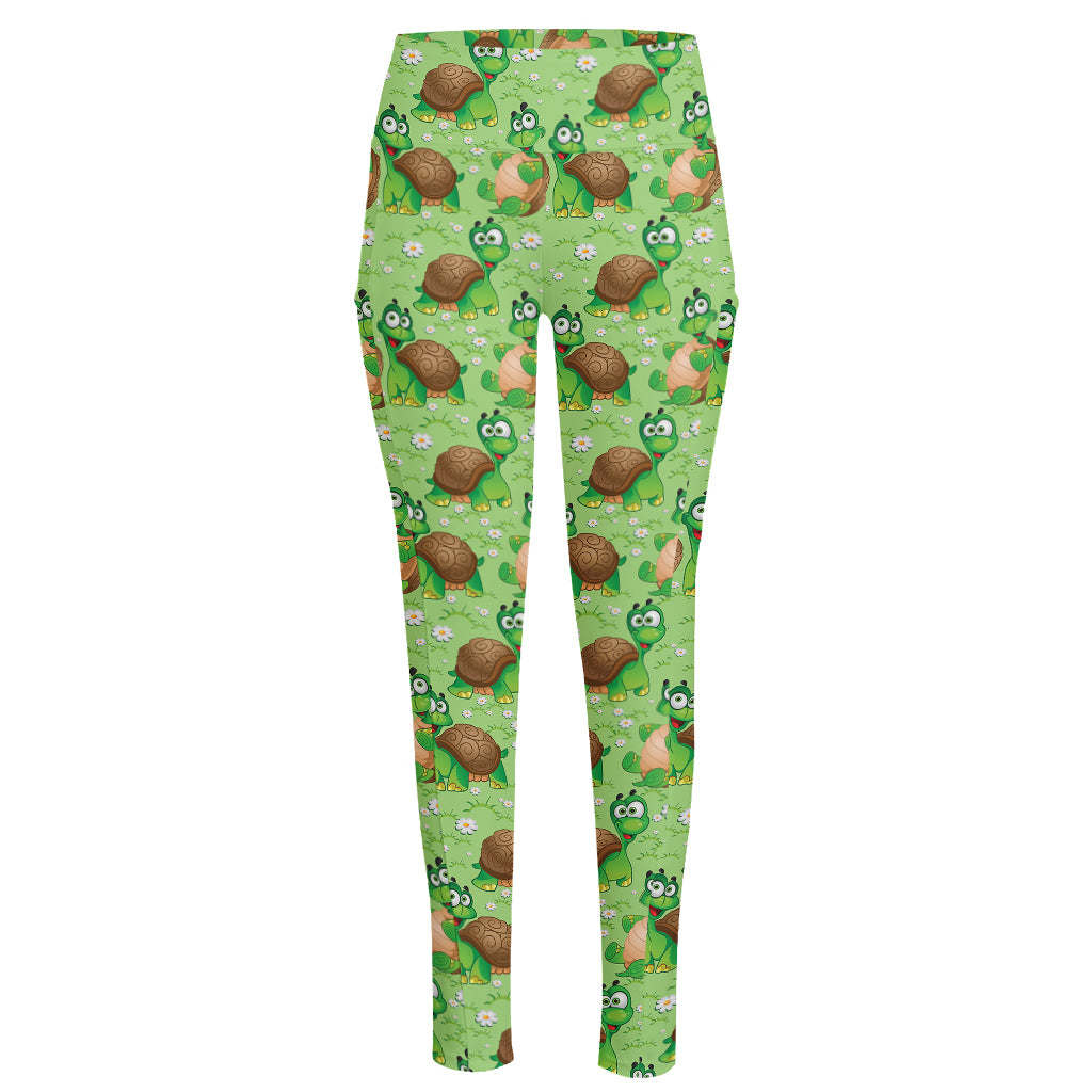 Cartoon Turtle Pattern Print High-Waisted Pocket Leggings