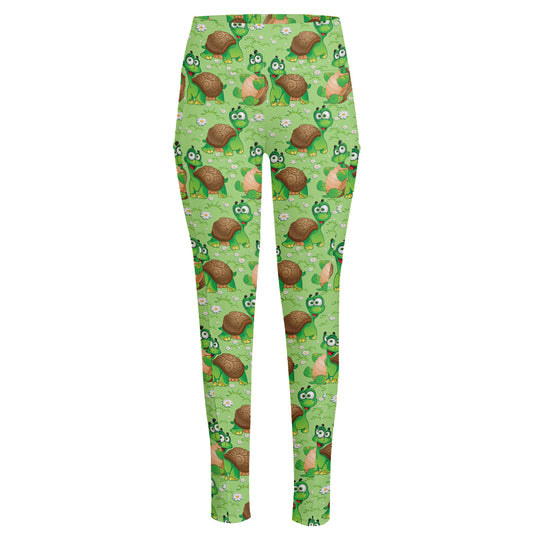 Cartoon Turtle Pattern Print High-Waisted Pocket Leggings