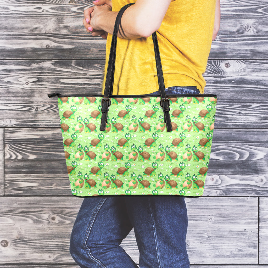 Cartoon Turtle Pattern Print Leather Tote Bag