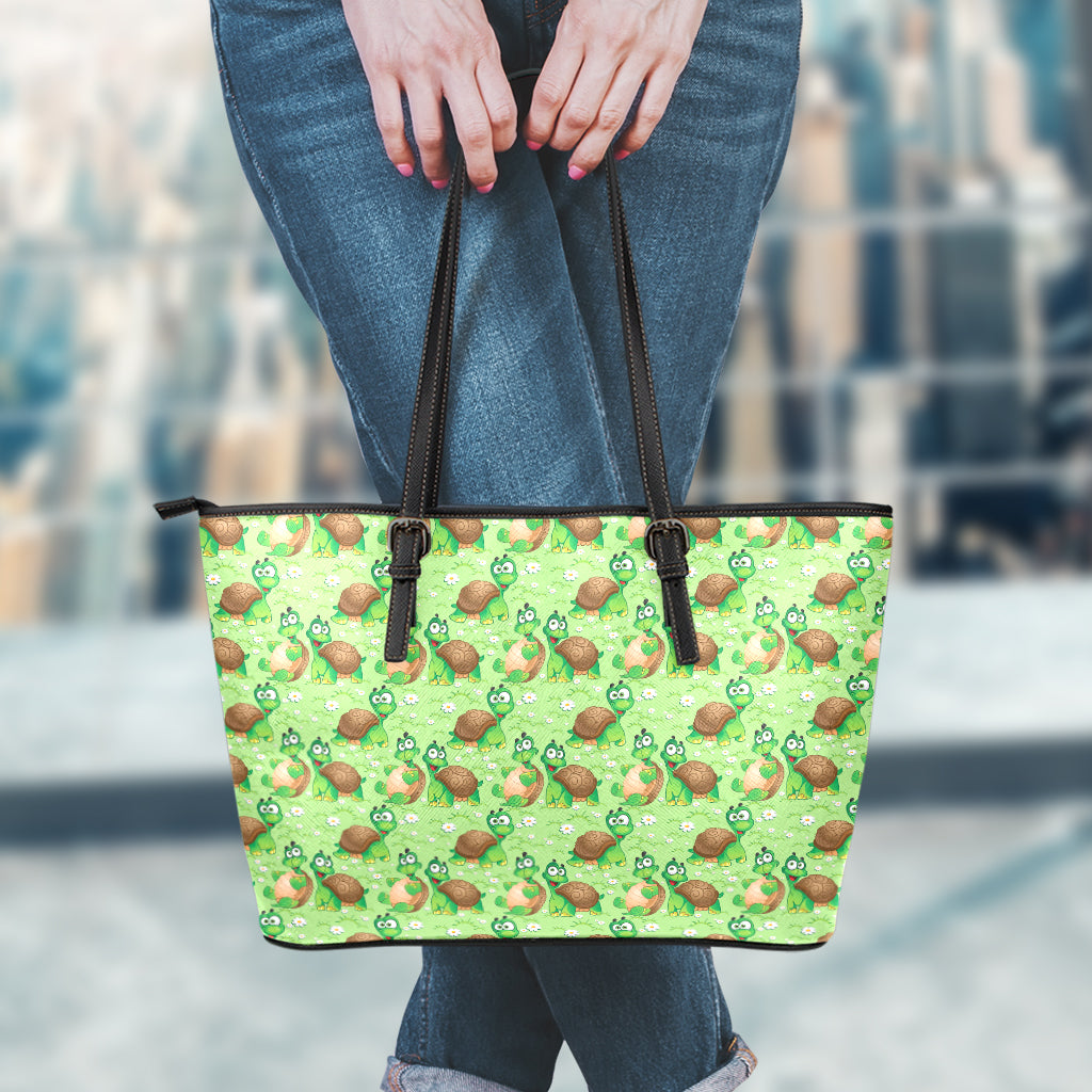 Cartoon Turtle Pattern Print Leather Tote Bag