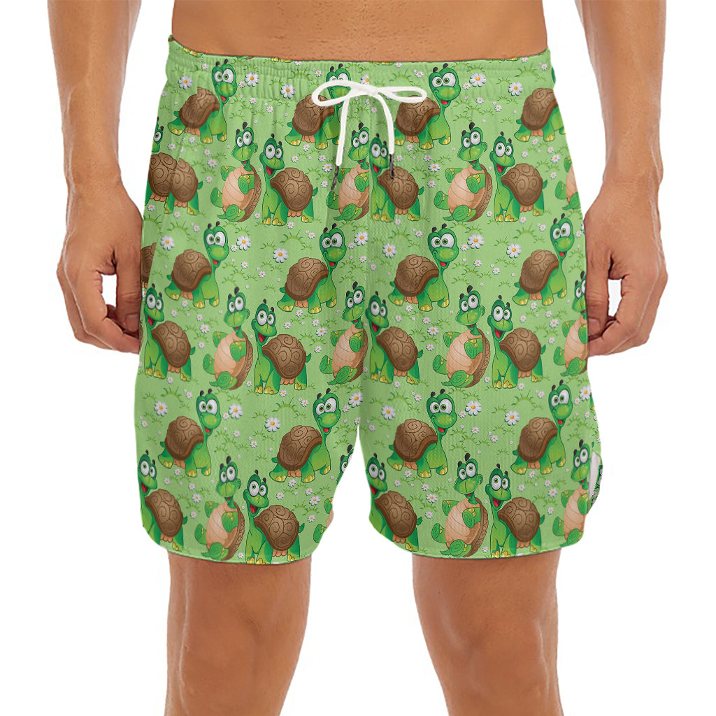 Cartoon Turtle Pattern Print Men's Split Running Shorts