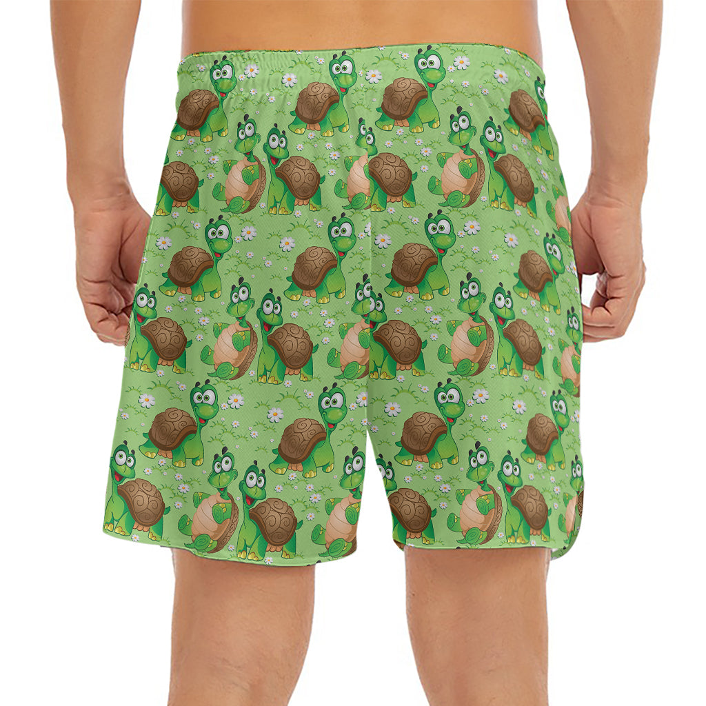 Cartoon Turtle Pattern Print Men's Split Running Shorts