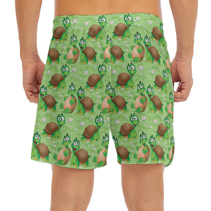 Cartoon Turtle Pattern Print Men's Split Running Shorts