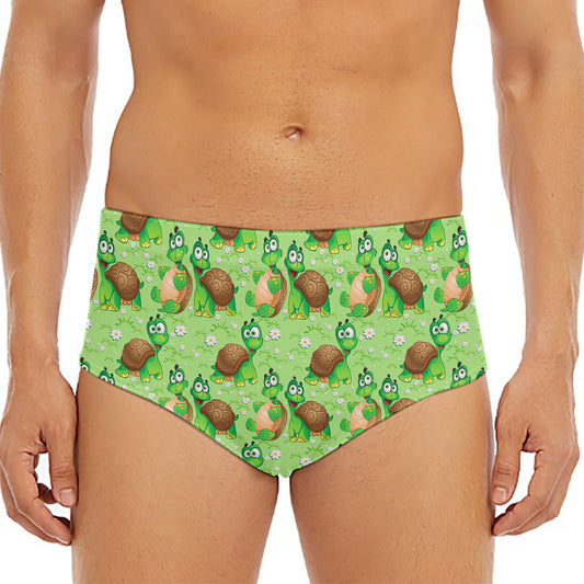 Cartoon Turtle Pattern Print Men's Triangle Swim Briefs