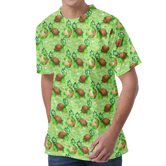 Cartoon Turtle Pattern Print Men's Velvet T-Shirt