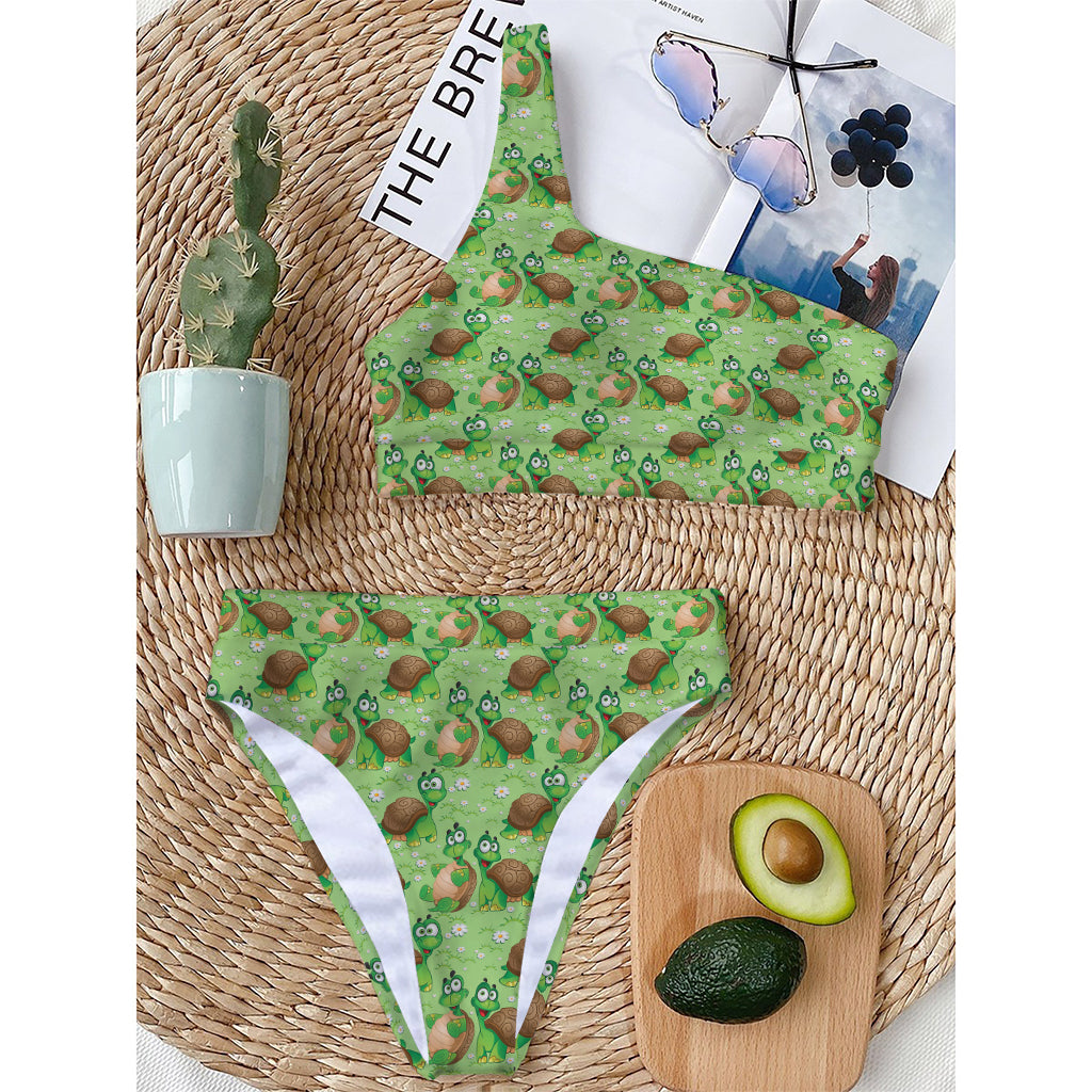 Cartoon Turtle Pattern Print One Shoulder Bikini Top