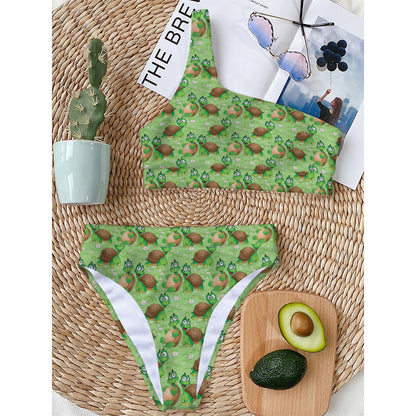 Cartoon Turtle Pattern Print One Shoulder Bikini Top