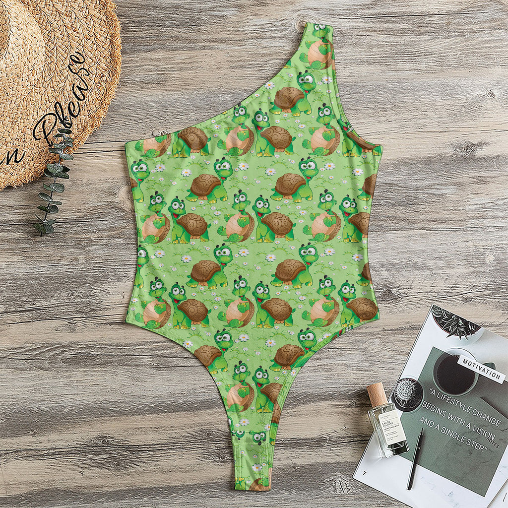 Cartoon Turtle Pattern Print One Shoulder Bodysuit