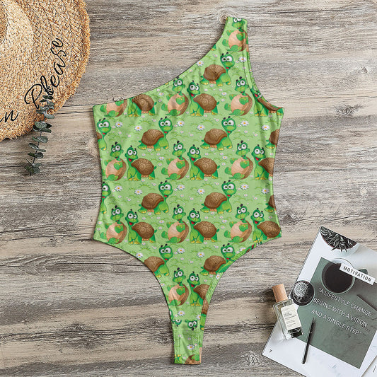 Cartoon Turtle Pattern Print One Shoulder Bodysuit