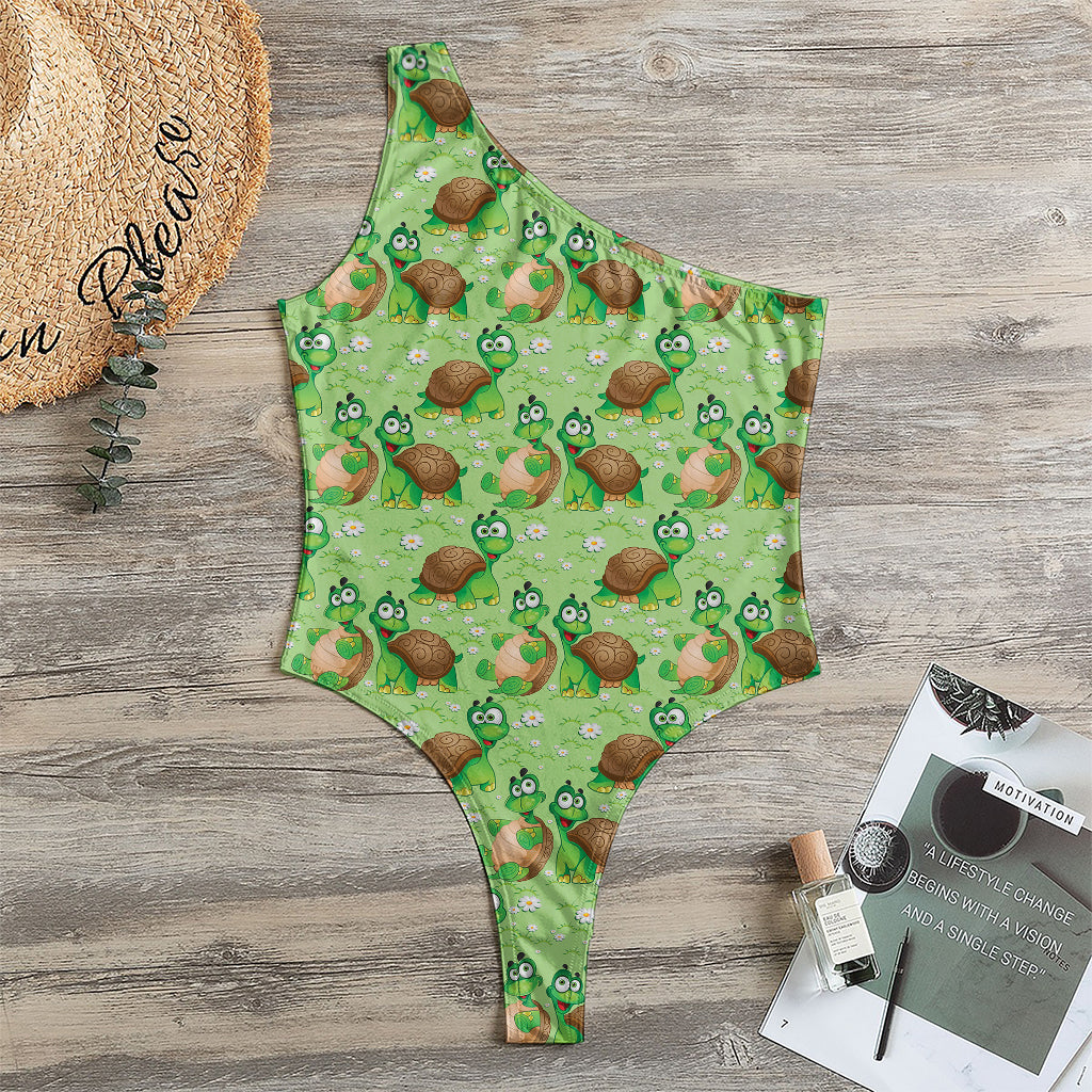 Cartoon Turtle Pattern Print One Shoulder Bodysuit