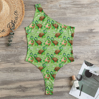 Cartoon Turtle Pattern Print One Shoulder Bodysuit