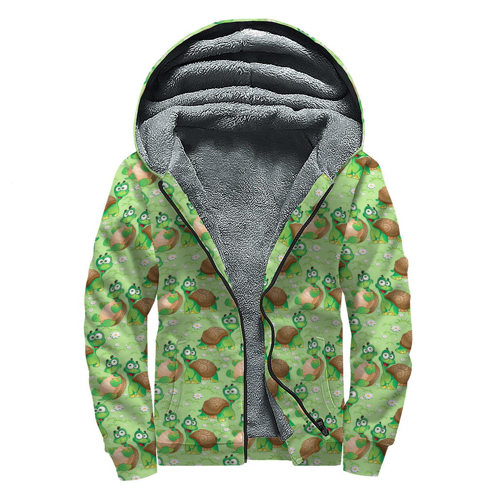 Cartoon Turtle Pattern Print Sherpa Lined Zip Up Hoodie