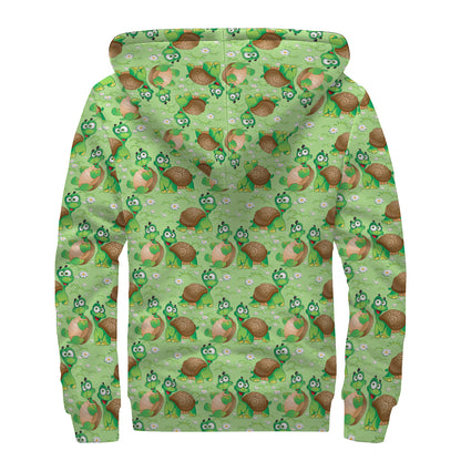 Cartoon Turtle Pattern Print Sherpa Lined Zip Up Hoodie