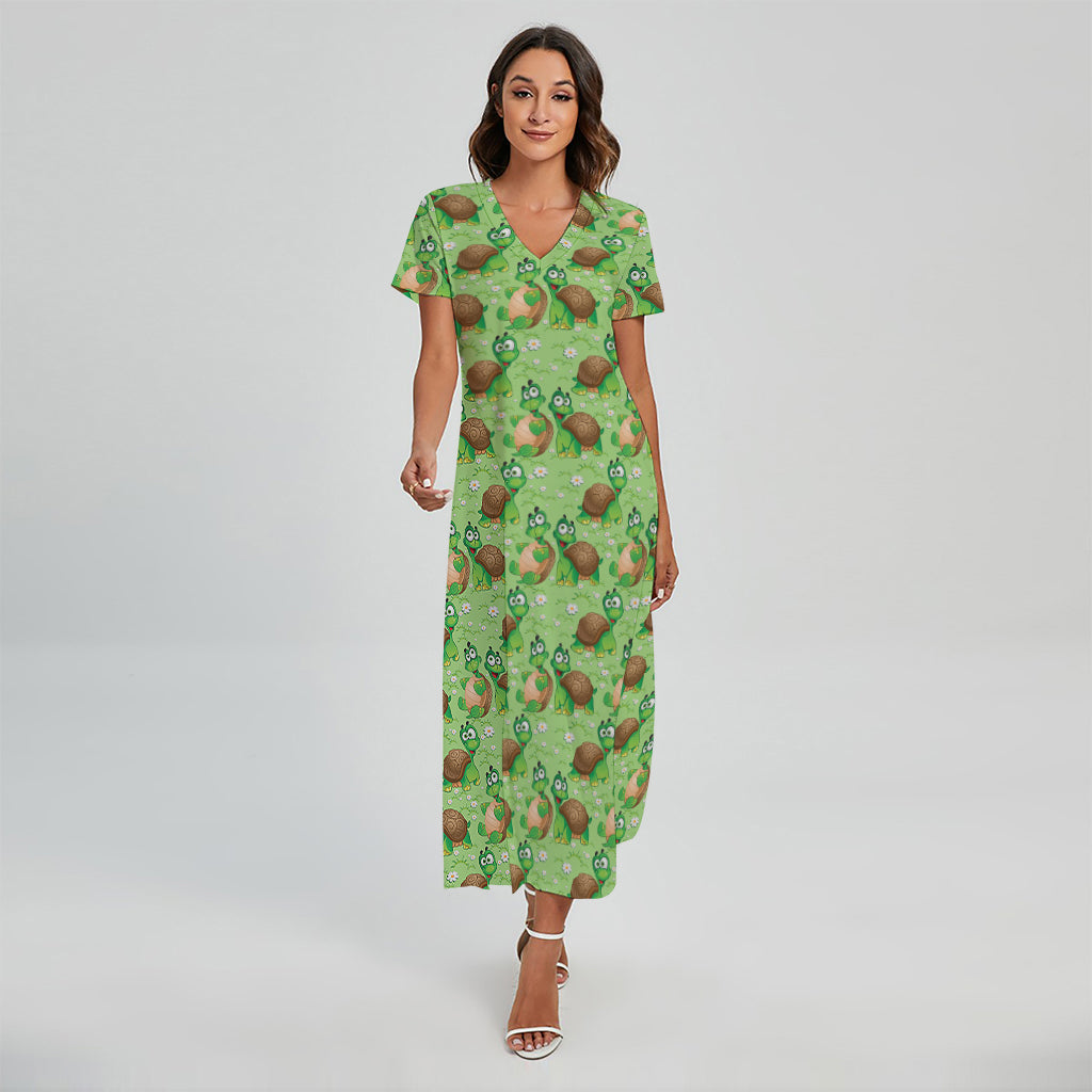 Cartoon Turtle Pattern Print Short Sleeve Maxi Dress