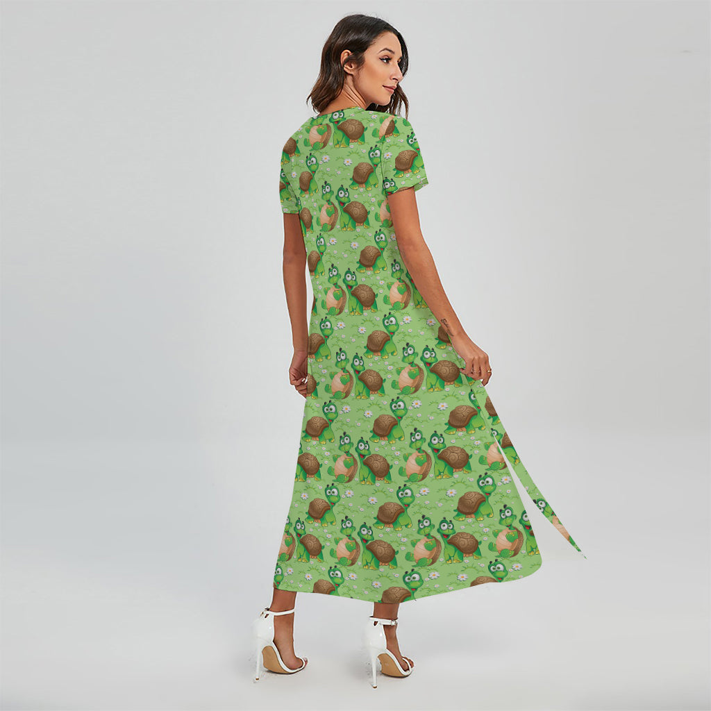 Cartoon Turtle Pattern Print Short Sleeve Maxi Dress