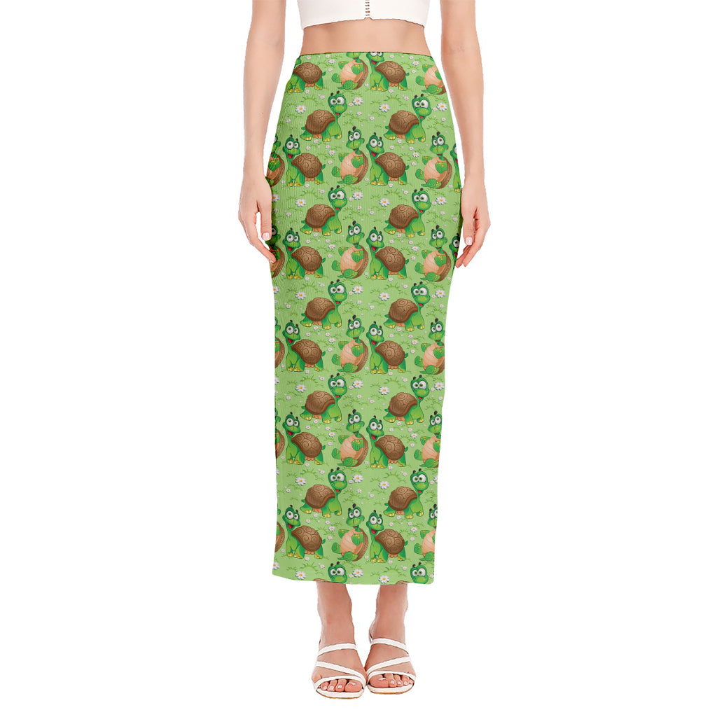 Cartoon Turtle Pattern Print Side Slit Maxi Skirt