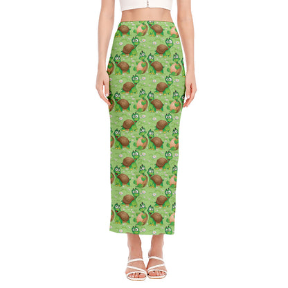 Cartoon Turtle Pattern Print Side Slit Maxi Skirt