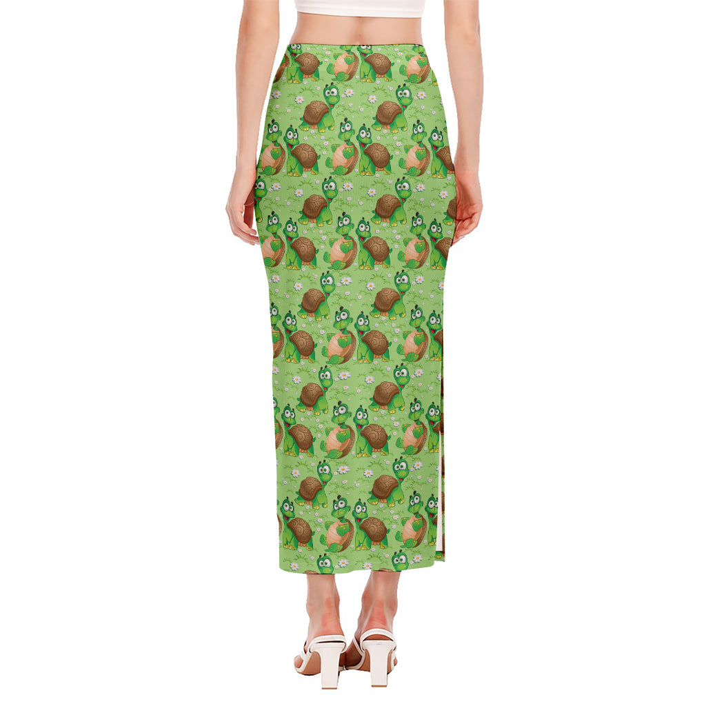 Cartoon Turtle Pattern Print Side Slit Maxi Skirt