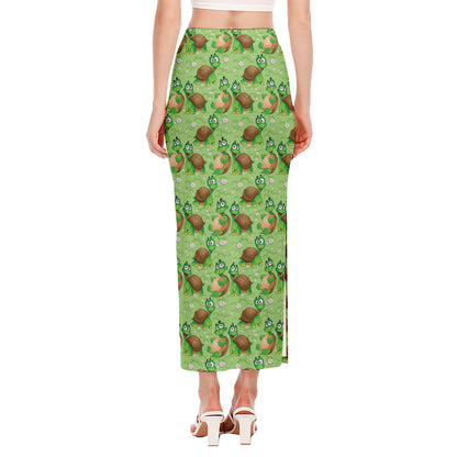 Cartoon Turtle Pattern Print Side Slit Maxi Skirt