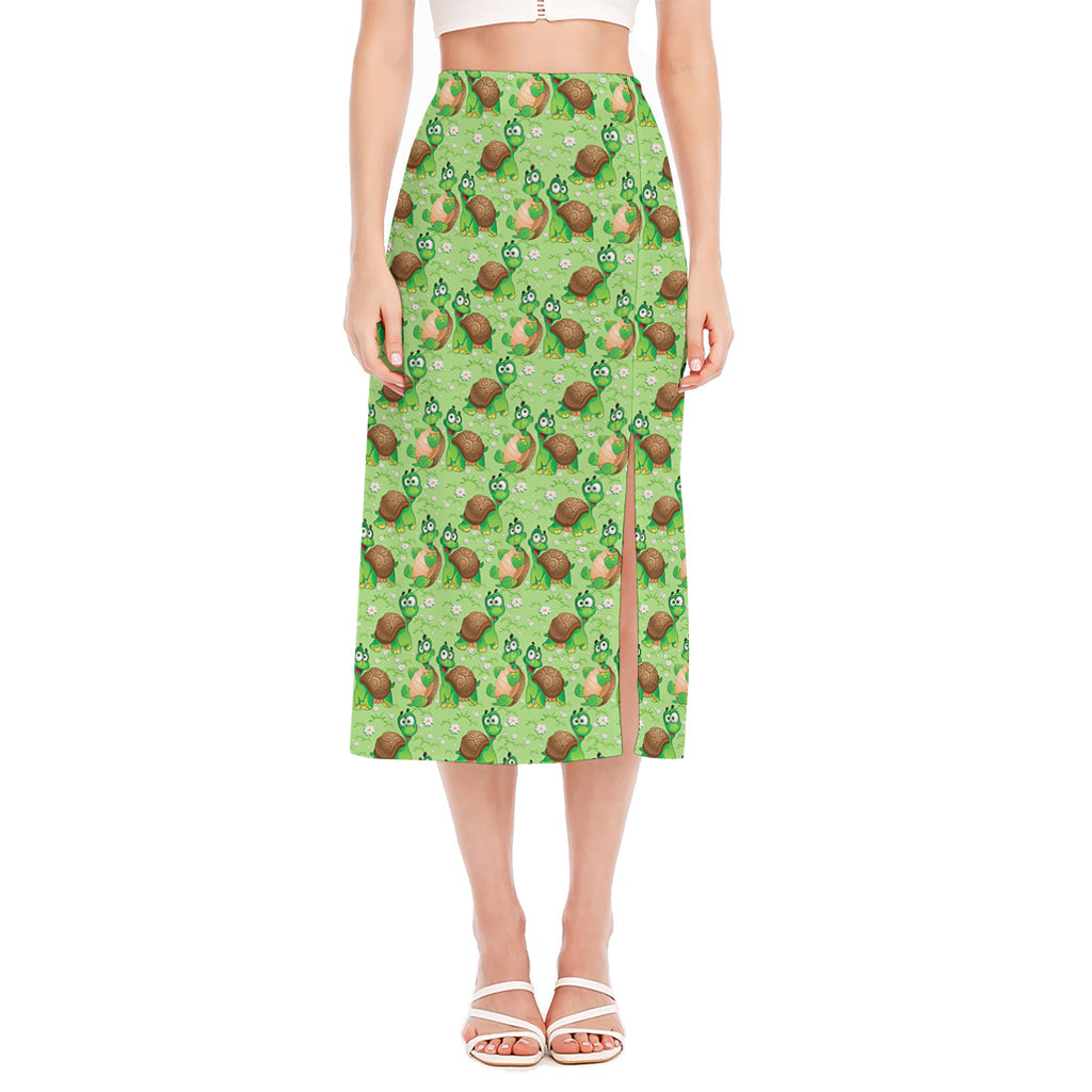Cartoon Turtle Pattern Print Side Slit Midi Skirt