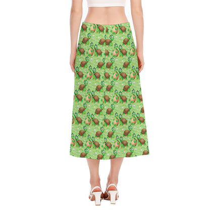 Cartoon Turtle Pattern Print Side Slit Midi Skirt