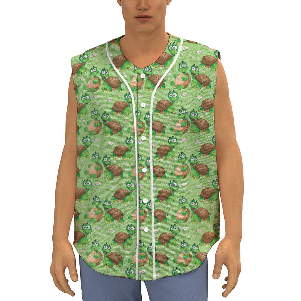 Cartoon Turtle Pattern Print Sleeveless Baseball Jersey