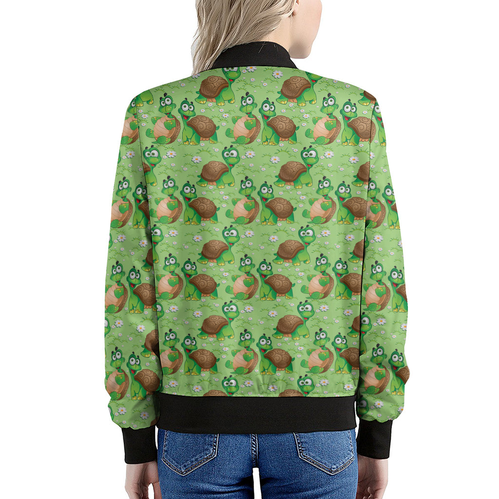 Cartoon Turtle Pattern Print Women's Bomber Jacket