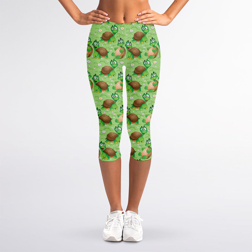 Cartoon Turtle Pattern Print Women's Capri Leggings