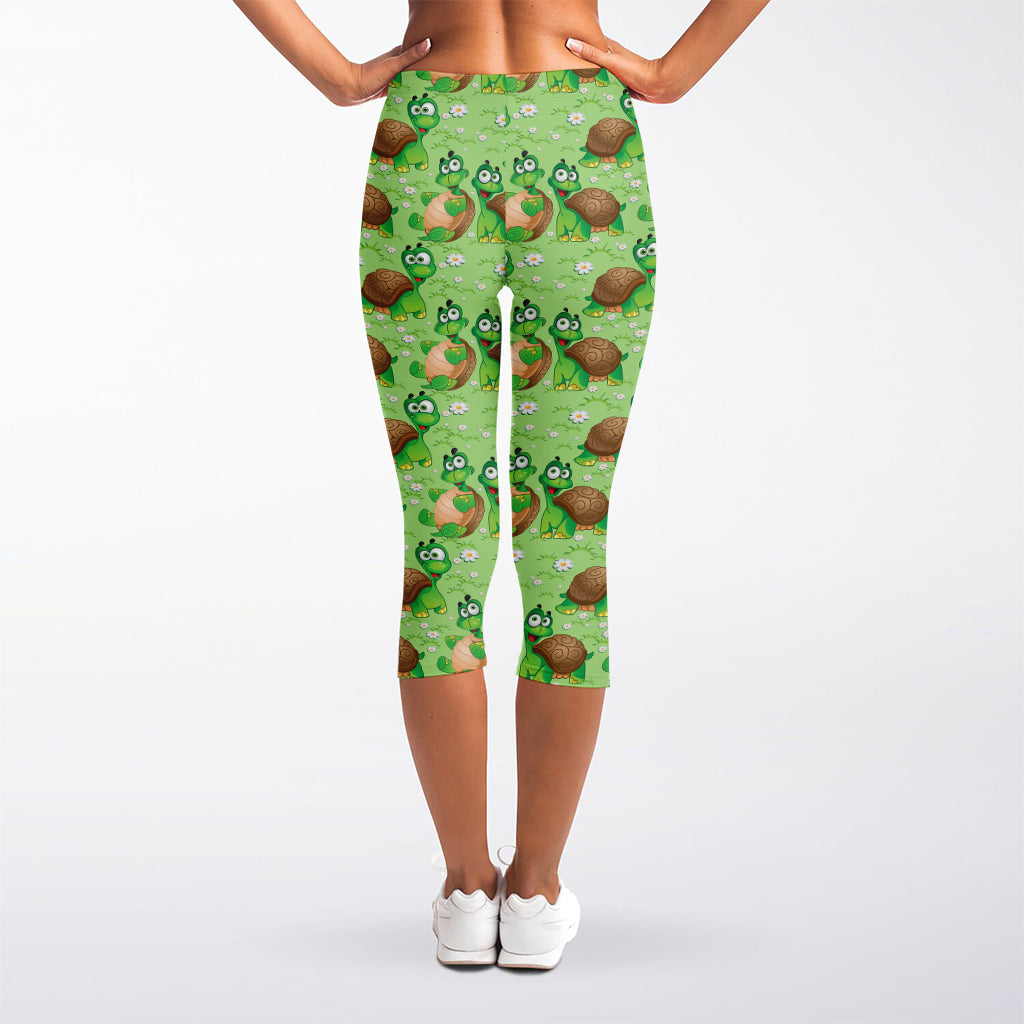 Cartoon Turtle Pattern Print Women's Capri Leggings