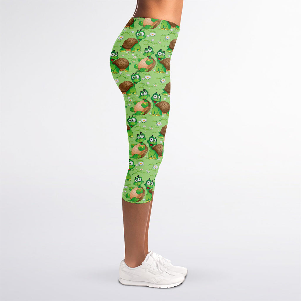 Cartoon Turtle Pattern Print Women's Capri Leggings