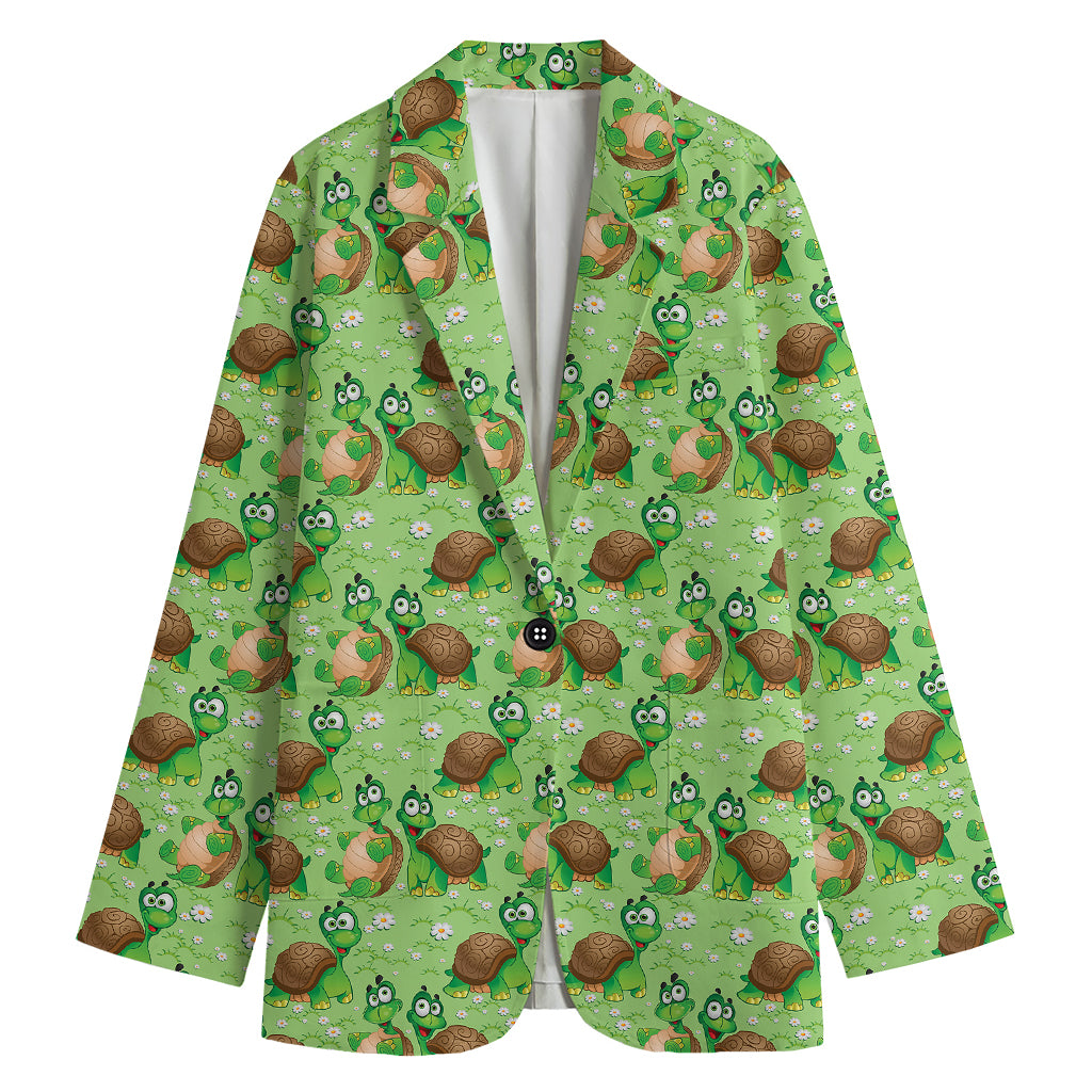 Cartoon Turtle Pattern Print Women's Cotton Blazer