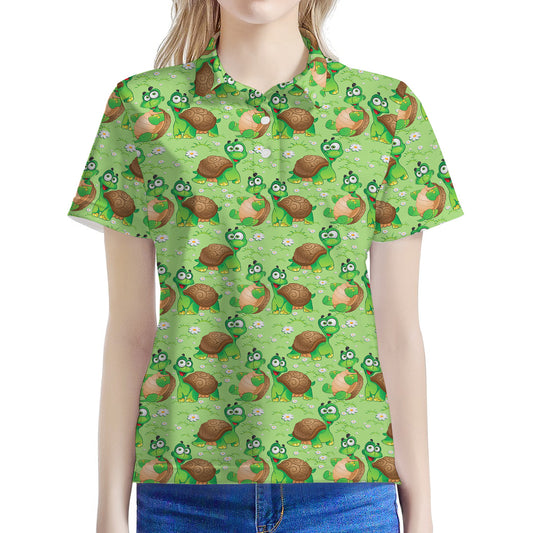 Cartoon Turtle Pattern Print Women's Polo Shirt
