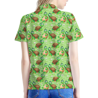 Cartoon Turtle Pattern Print Women's Polo Shirt