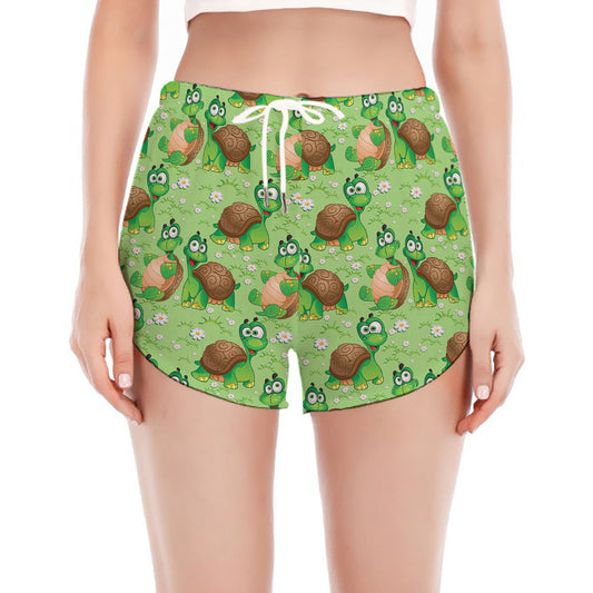 Cartoon Turtle Pattern Print Women's Split Running Shorts