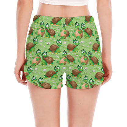 Cartoon Turtle Pattern Print Women's Split Running Shorts