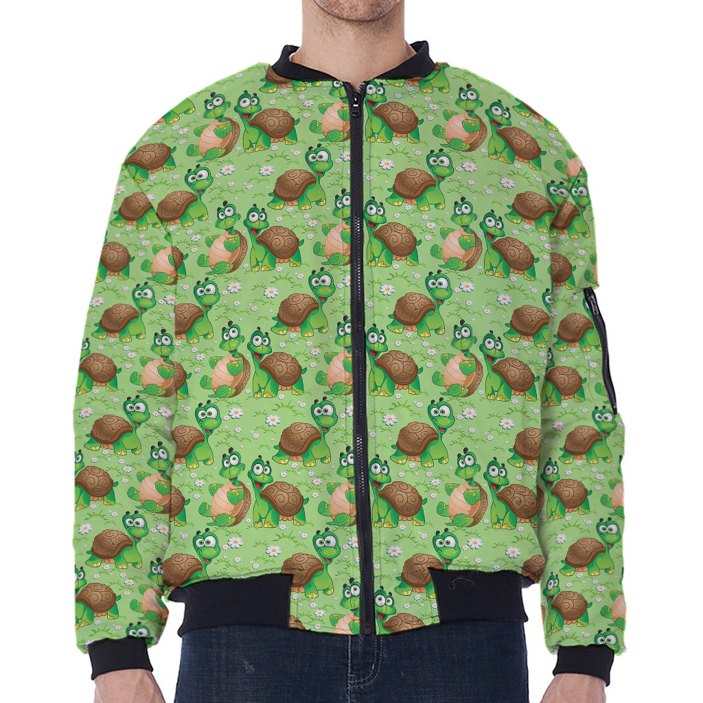 Cartoon Turtle Pattern Print Zip Sleeve Bomber Jacket
