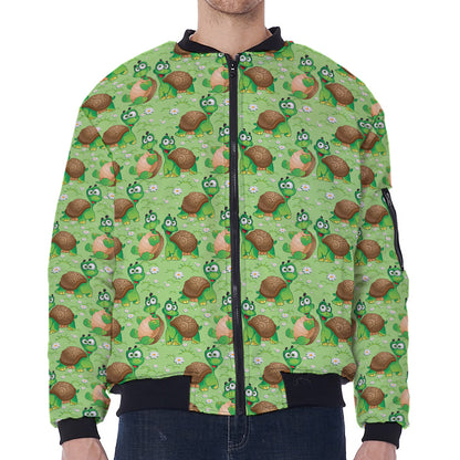 Cartoon Turtle Pattern Print Zip Sleeve Bomber Jacket