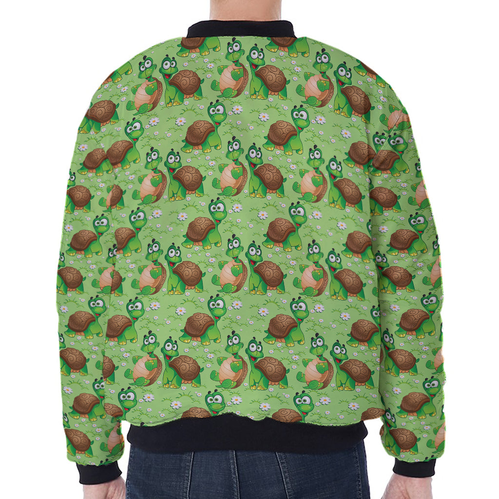 Cartoon Turtle Pattern Print Zip Sleeve Bomber Jacket