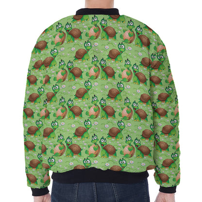 Cartoon Turtle Pattern Print Zip Sleeve Bomber Jacket