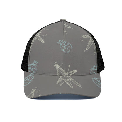 Cartoon Voodoo Doll Pattern Print Black Mesh Trucker Cap