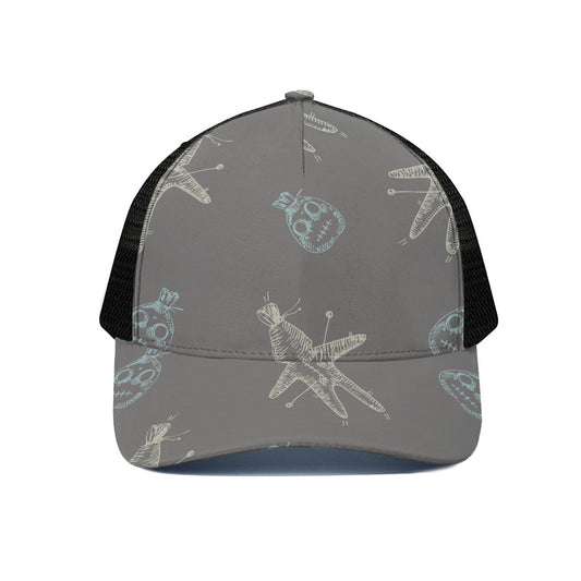 Cartoon Voodoo Doll Pattern Print Black Mesh Trucker Cap