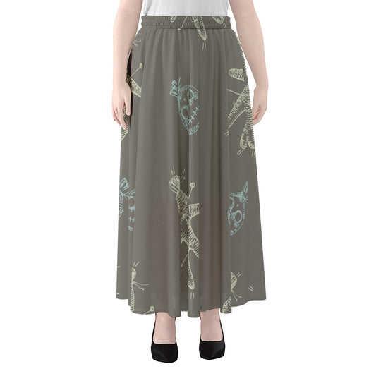 Cartoon Voodoo Doll Pattern Print Chiffon Maxi Skirt