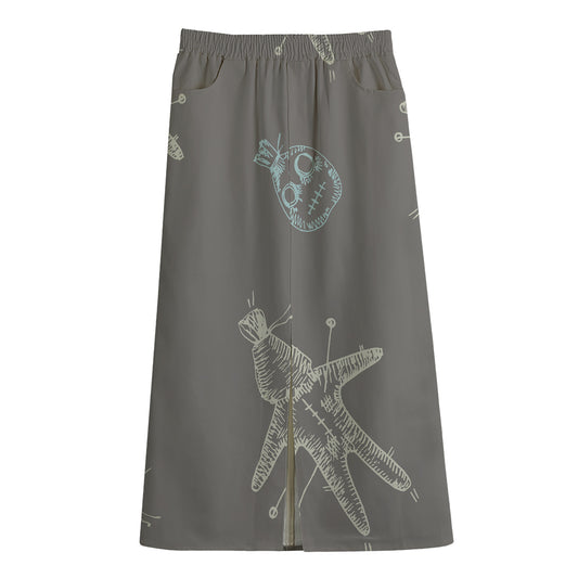 Cartoon Voodoo Doll Pattern Print Cotton Front Slit Maxi Skirt