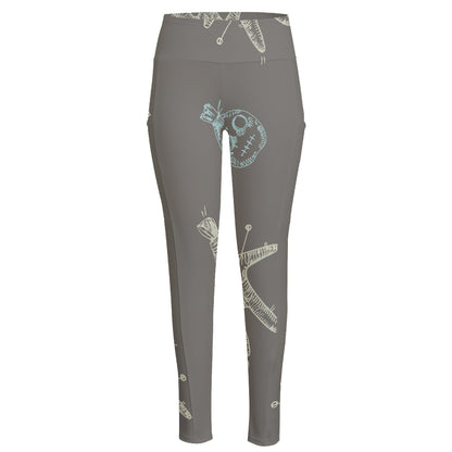 Cartoon Voodoo Doll Pattern Print High-Waisted Pocket Leggings