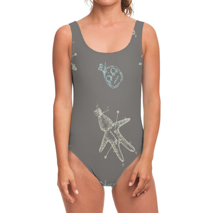 Cartoon Voodoo Doll Pattern Print One Piece Swimsuit
