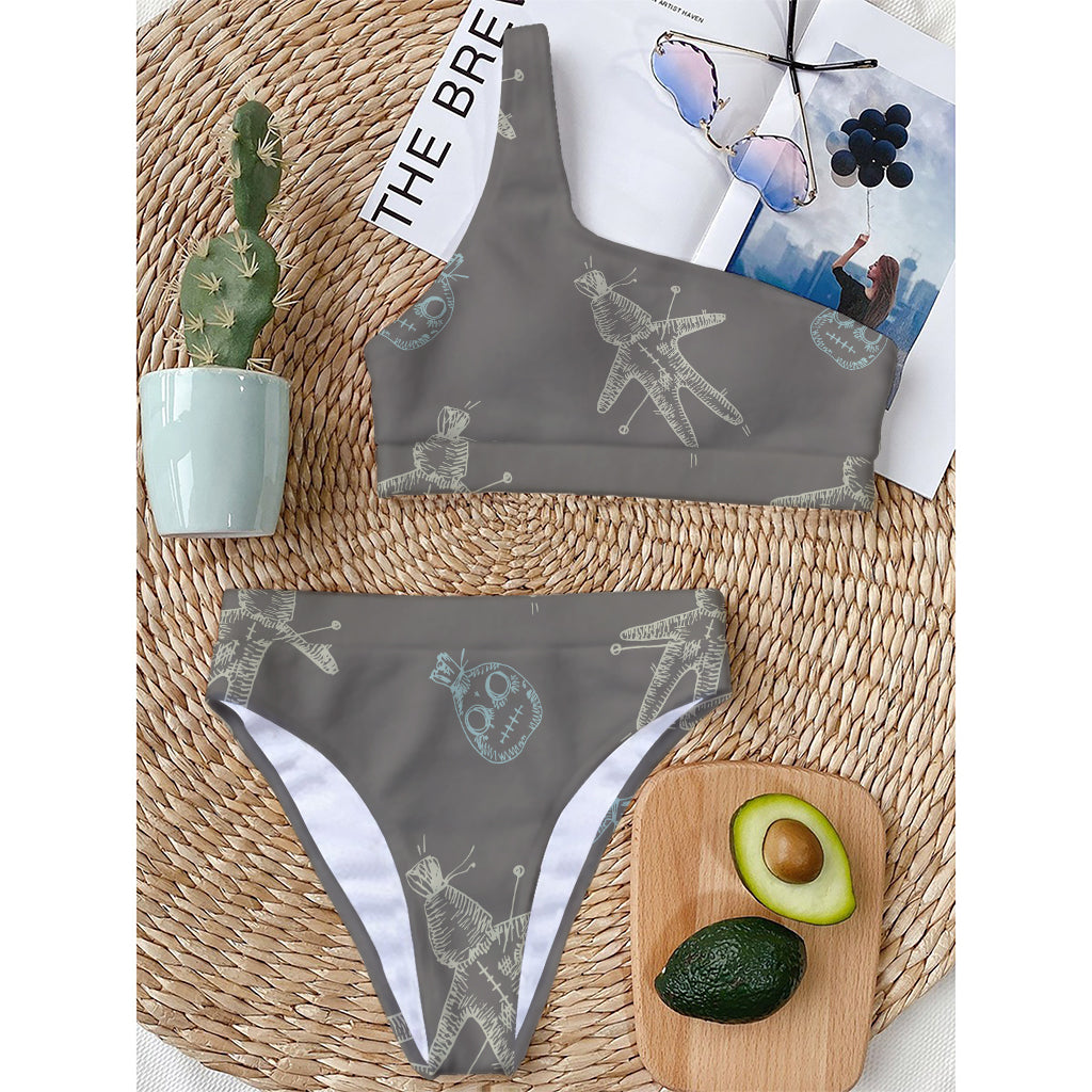 Cartoon Voodoo Doll Pattern Print One Shoulder Bikini Top